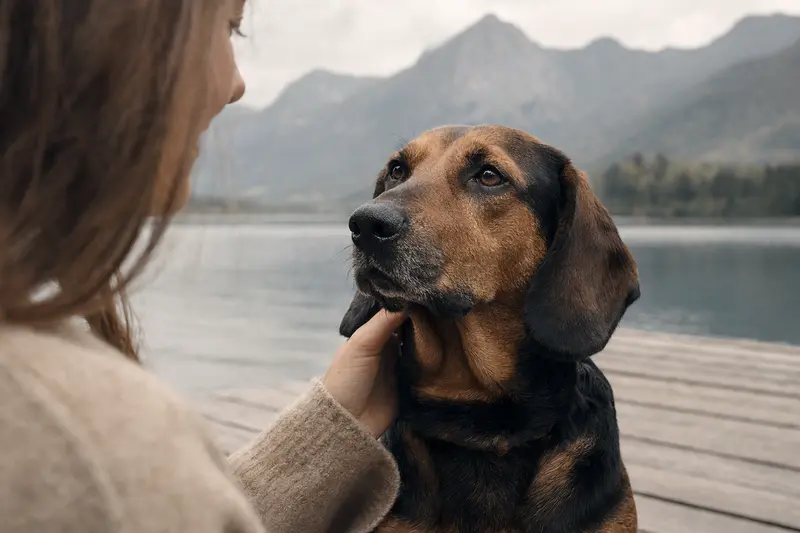 Aufmerksamer Alpenländische Dachsbracke Hund mit vertrauensvollem Blick in natürlichem Licht.
